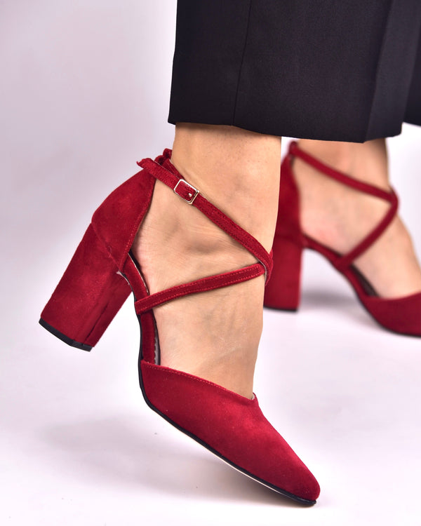 Block Heel Red shoes, γυναικεία βελούδινα παπούτσια