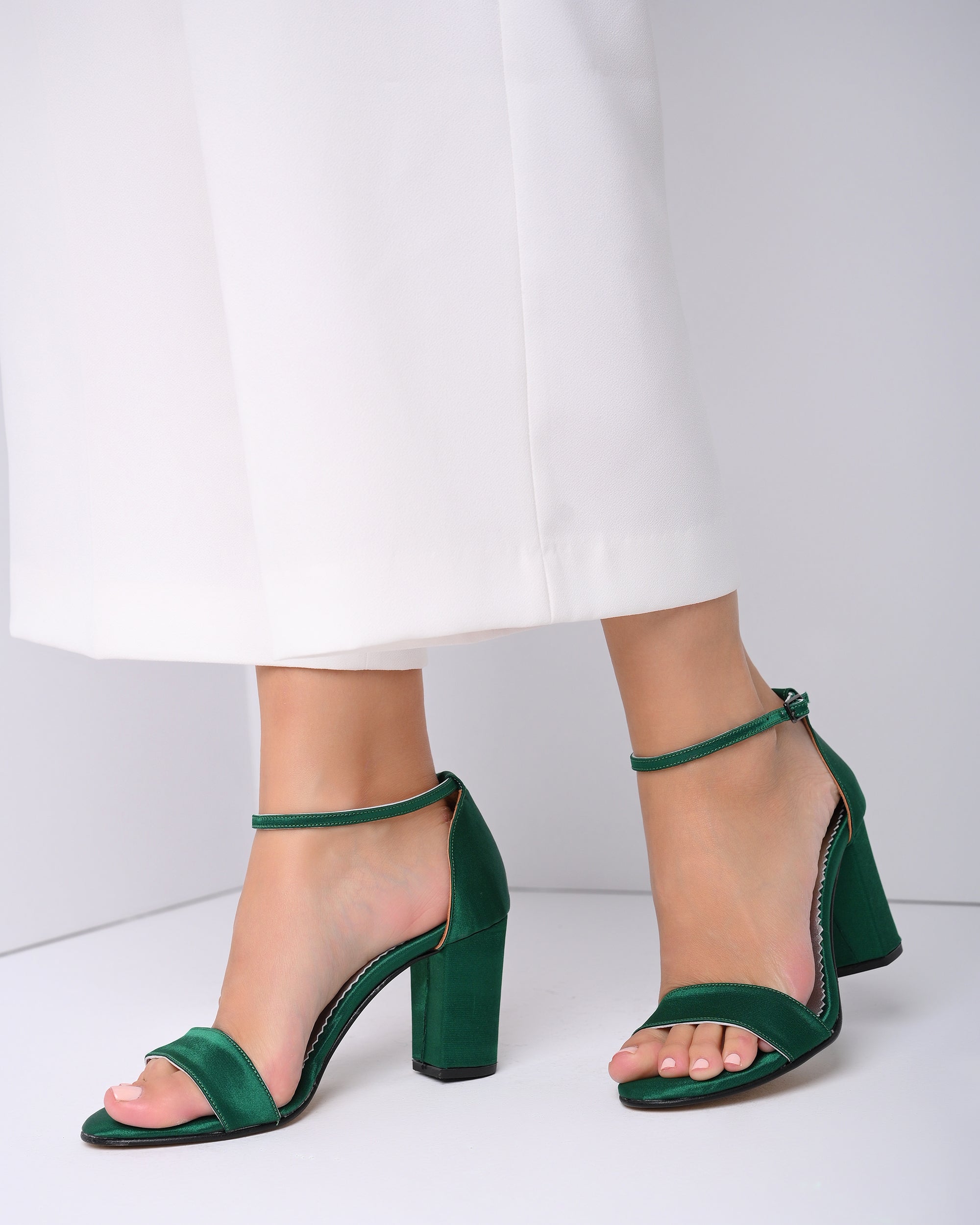 Bridal shoes block heel satin dark green - Alexandra – JustleatherGR
