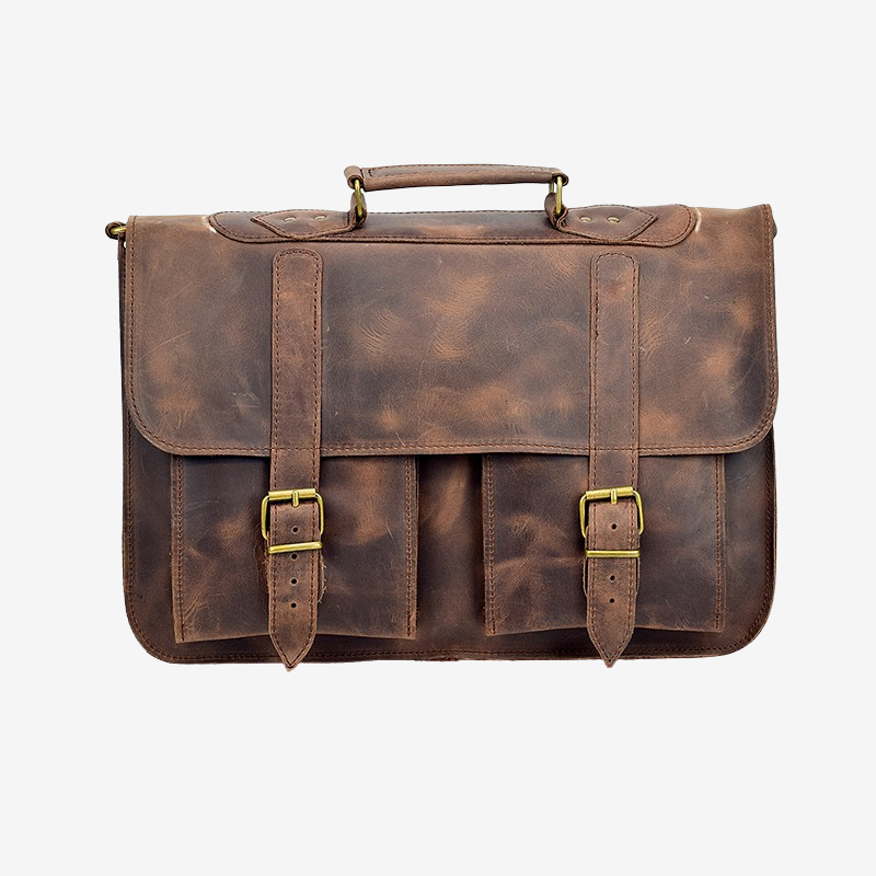 large waxed brown leather briefcase