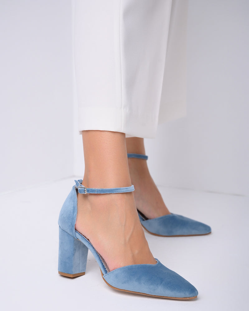 velvet wedding block heels blue